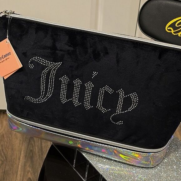 Amazon.com: Juicy Couture Black Makeup Bag Cosmetics  Juicy Couture Rhinestone Logo Zip Bottom Travel Cosmetic Bag